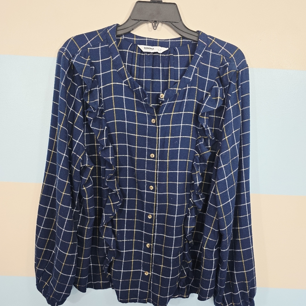 Sonoma Blue Checkered Ruffle Button-Down Shirt - Picture 5 of 8